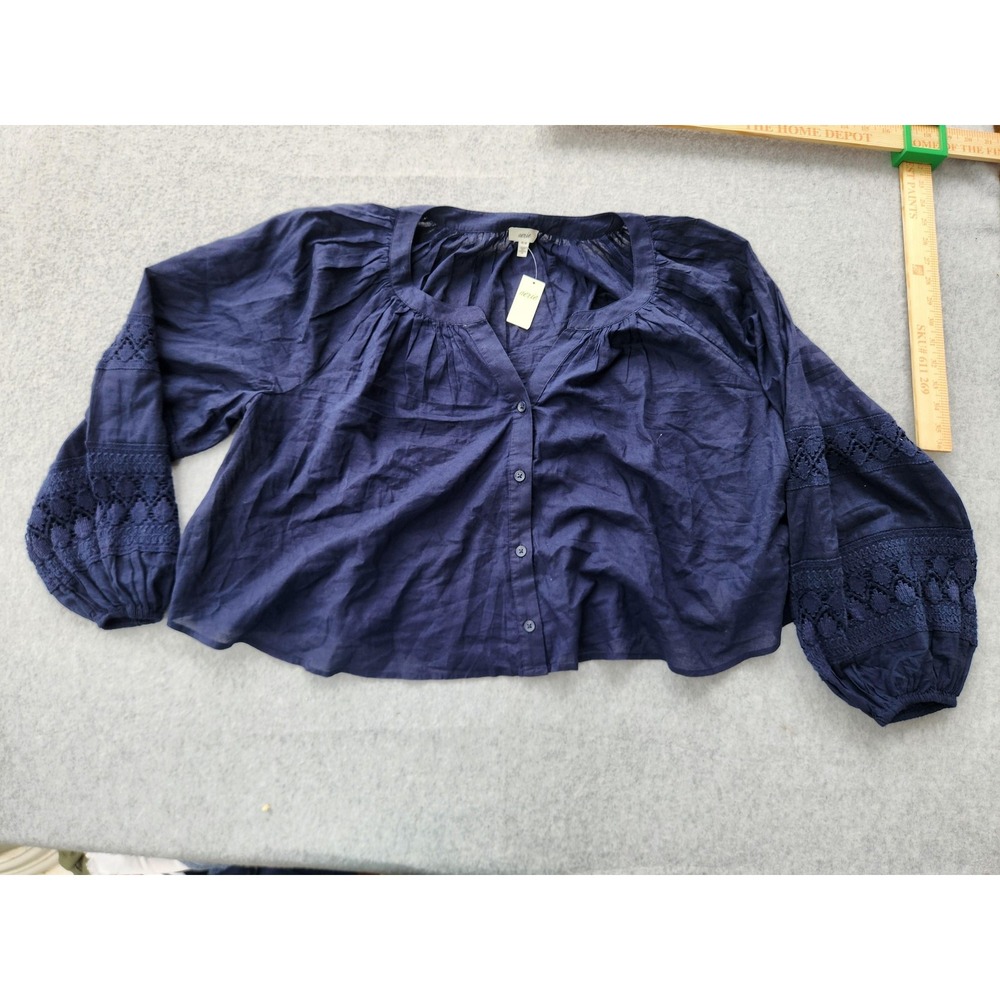 Aerie Blouse Womens Medium Navy Boho Button Front Crochet Balloon Sleeve Peasant
